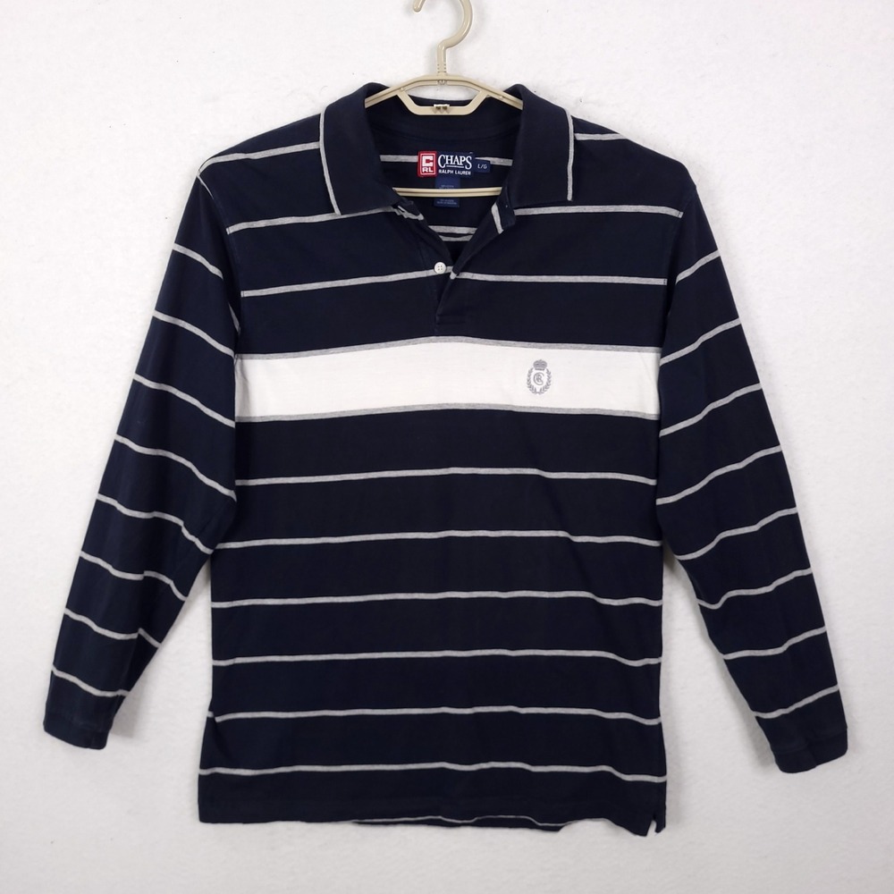 Chaps Ralph Lauren Polo Shirt Mens Navy Blue Striped Rugby Long Sleeve Large